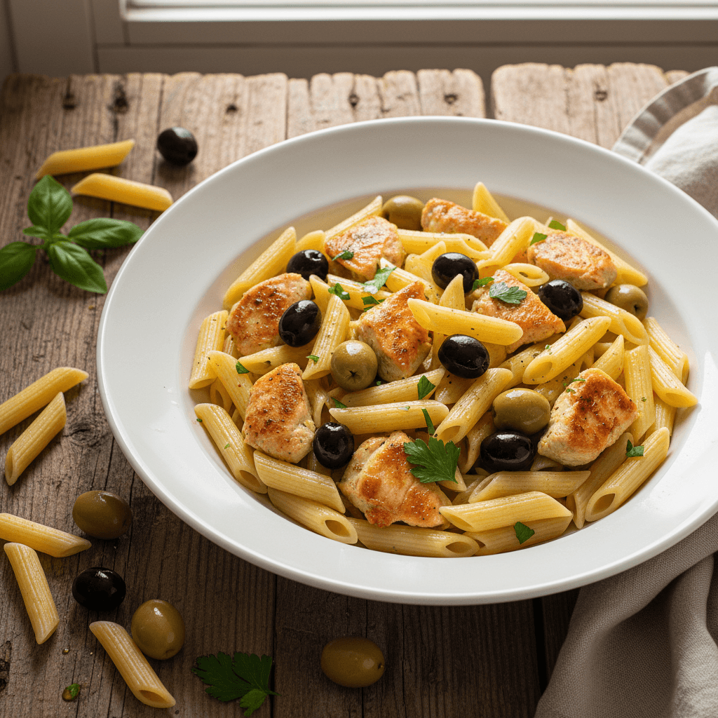 Nudeln mit Huhn und Oliven