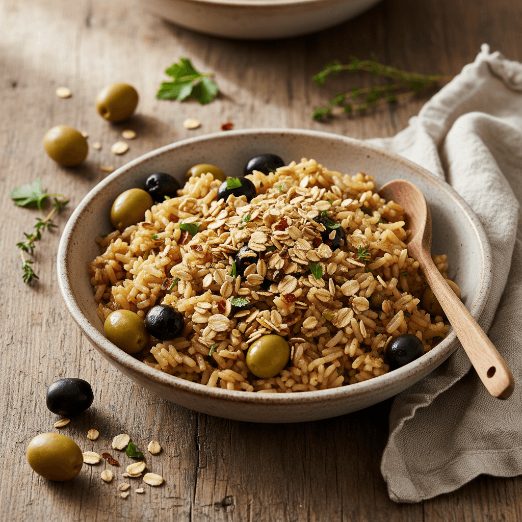 Stir-Fried Rice with Olives and Oat Flakes
