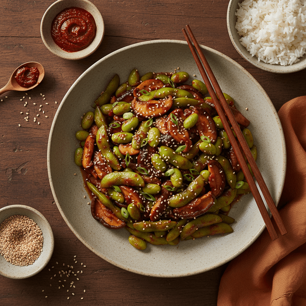 Wok d'edamame et champignons à la coréenne