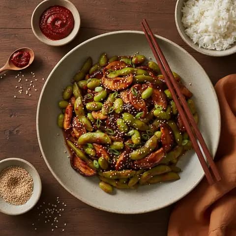 Wok d'edamame et champignons à la coréenne