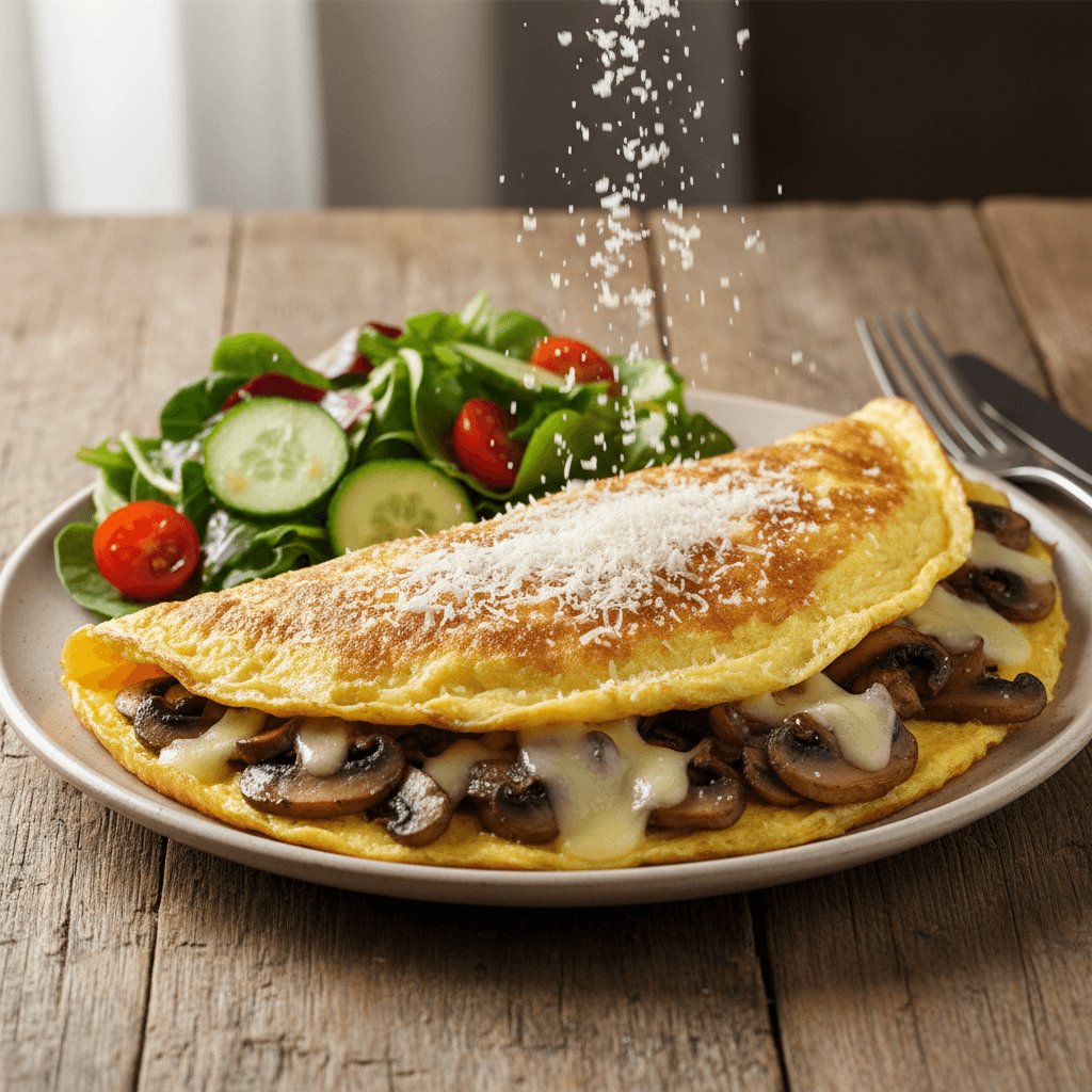 Gemüsereiche Eierspeise mit Pilzen und Käse