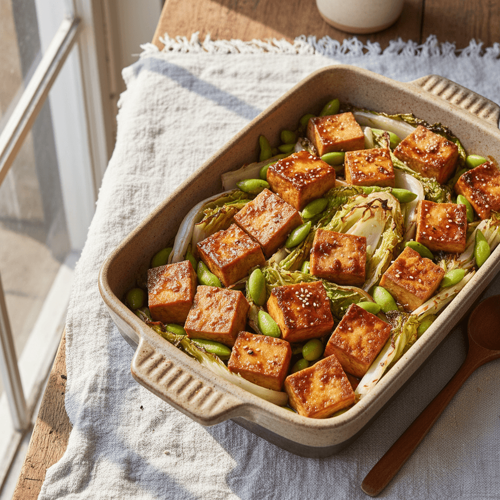 Tofu teriyaki au four avec edamames et chou chinois