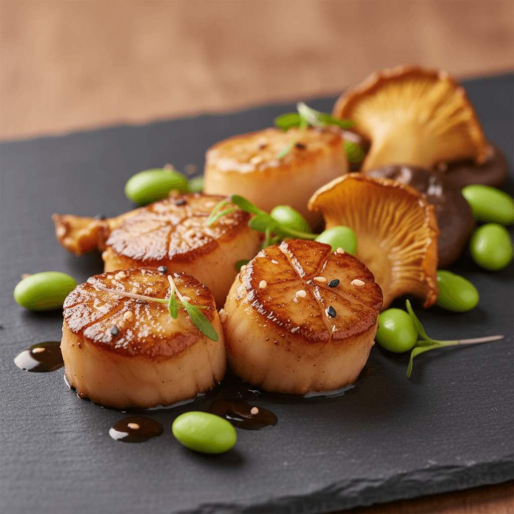 Saint-Jacques poêlées à la japonaise, edamame et shiitake