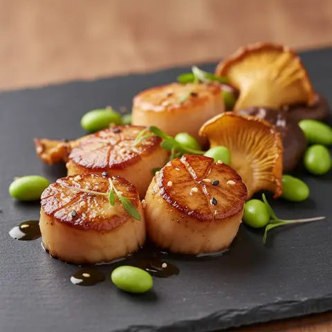 Saint-Jacques poêlées à la japonaise, edamame et shiitake