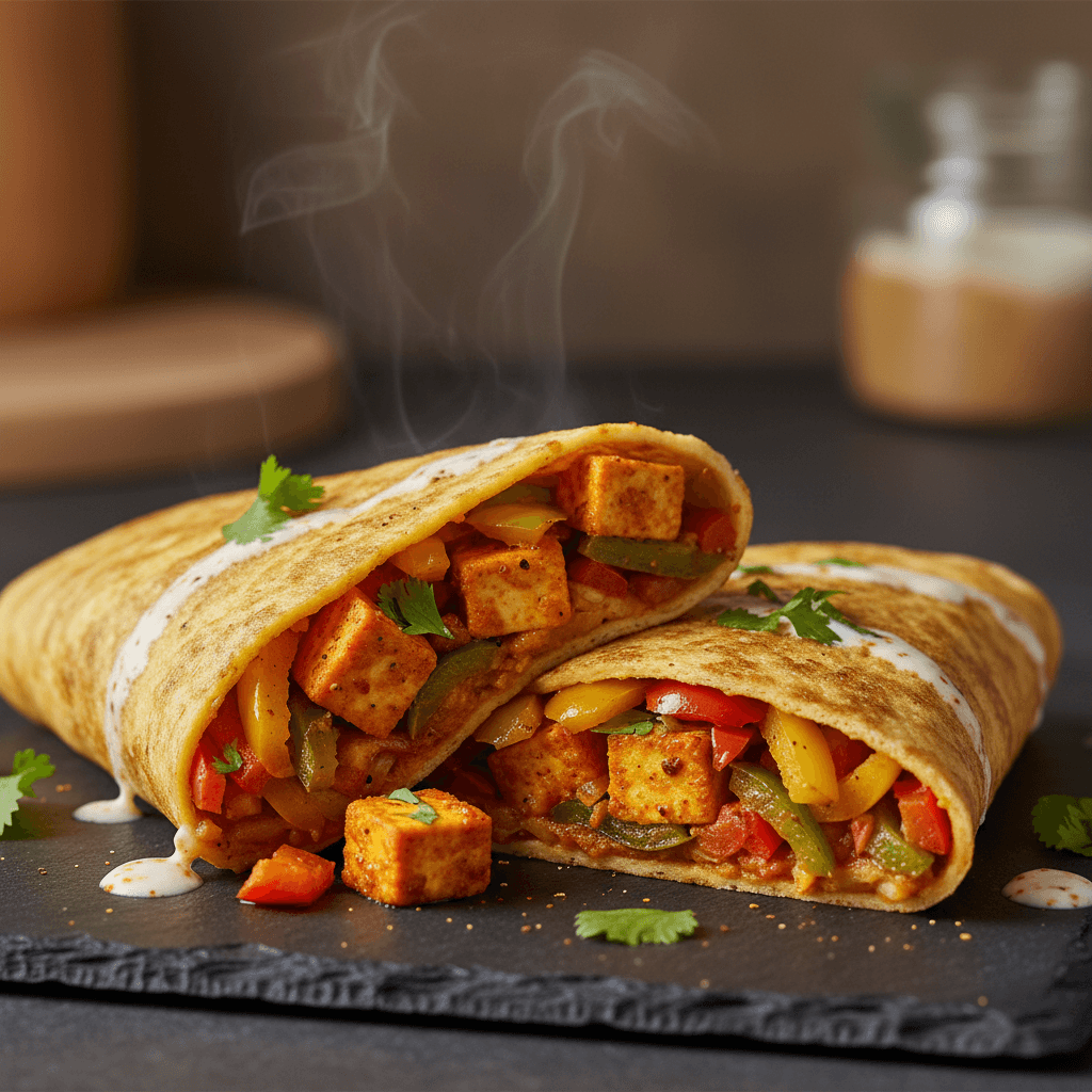 Omelette wrap au paneer tikka et poivrons