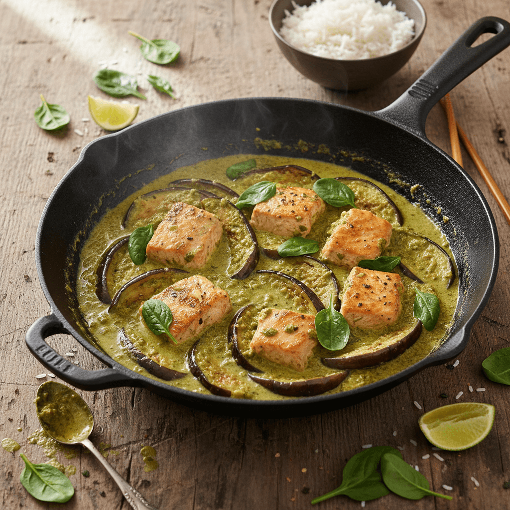 Wok mit Forelle in grünem Curry und Auberginen