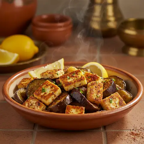 Sauté libanais de halloumi aux aubergines et za'atar