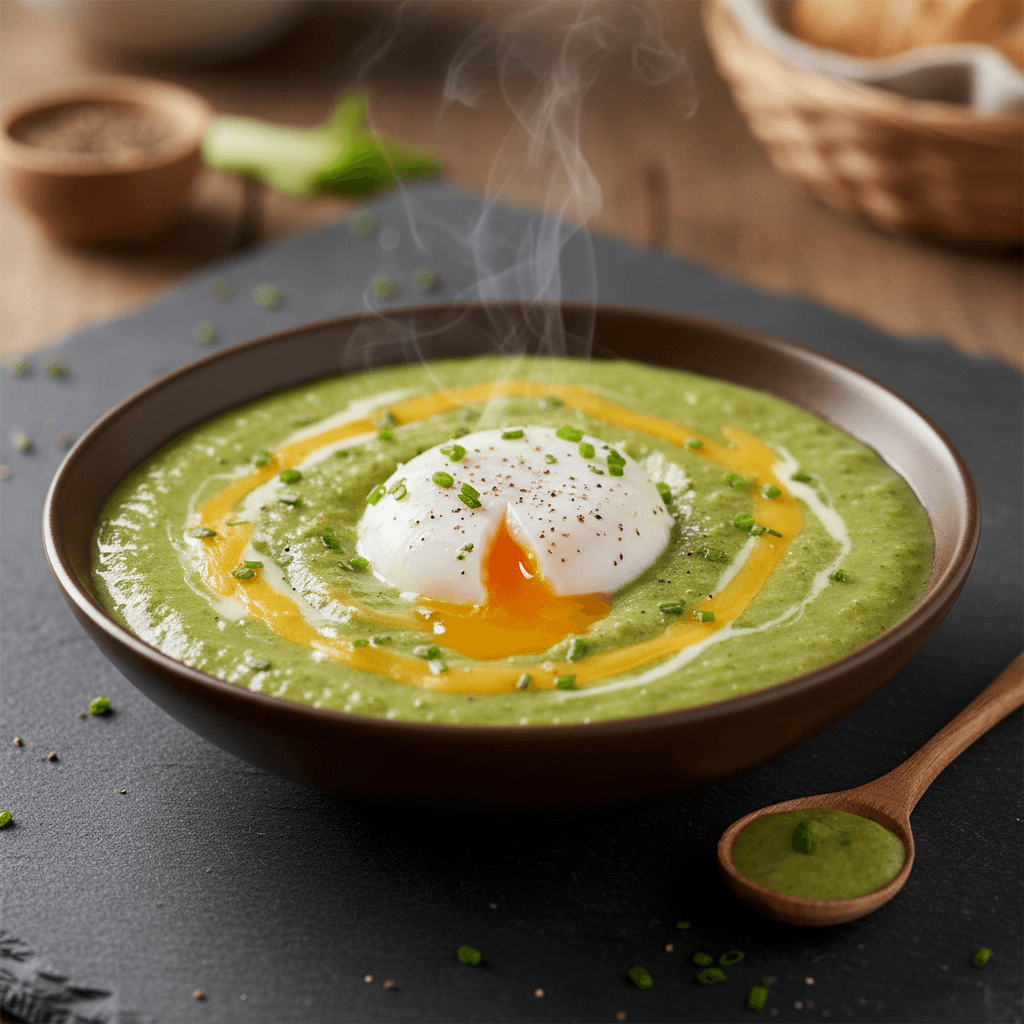 Soupe de brocoli au fromage et œuf poché