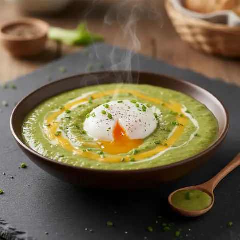 Soupe de brocoli au fromage et œuf poché