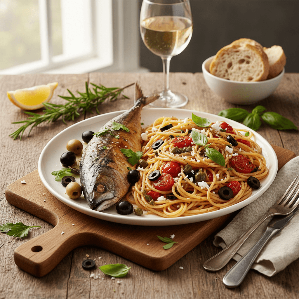 Gebratene Makrele mit Oliven und mediterranen Nudeln