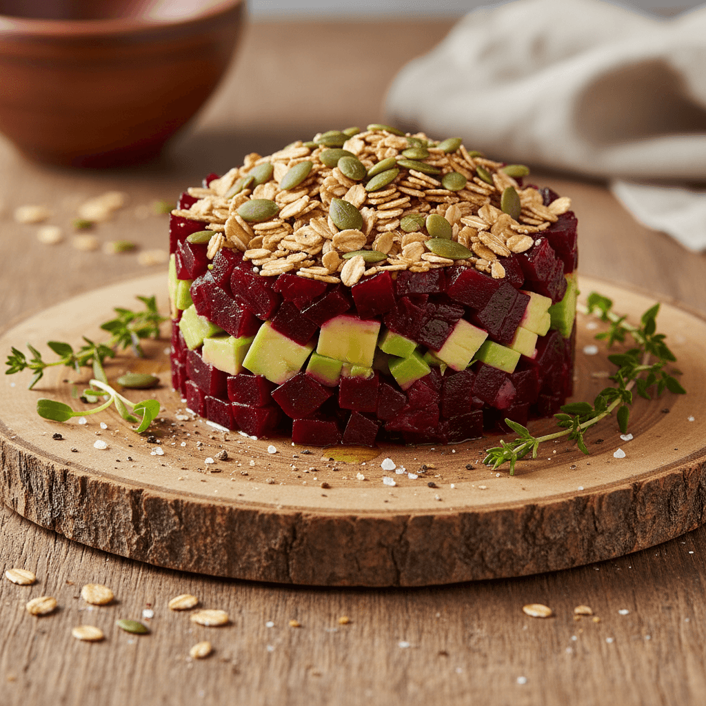 Beet and Avocado Tartare with Crispy Oat Flakes