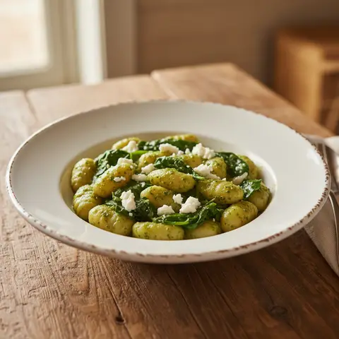 Gnocchi pesto & chèvre épinards frais