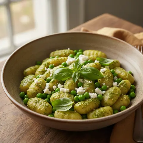 Gnocchi pesto & chèvre aux petits pois