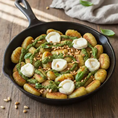 Gnocchi poêlés pesto & chèvre aux pignons