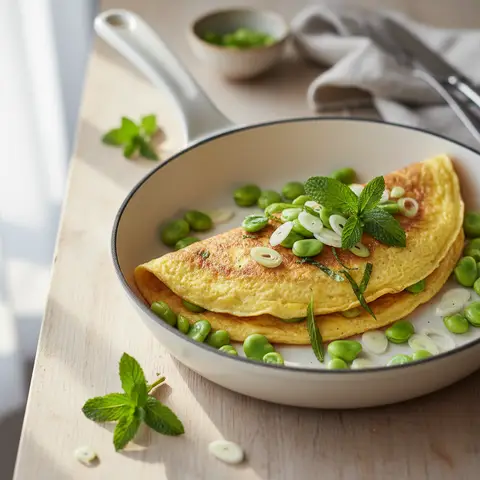 Omelette aillet & fèves fraîches à la menthe