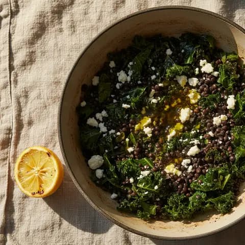 One-pot lentilles béluga & kale cumin citron feta