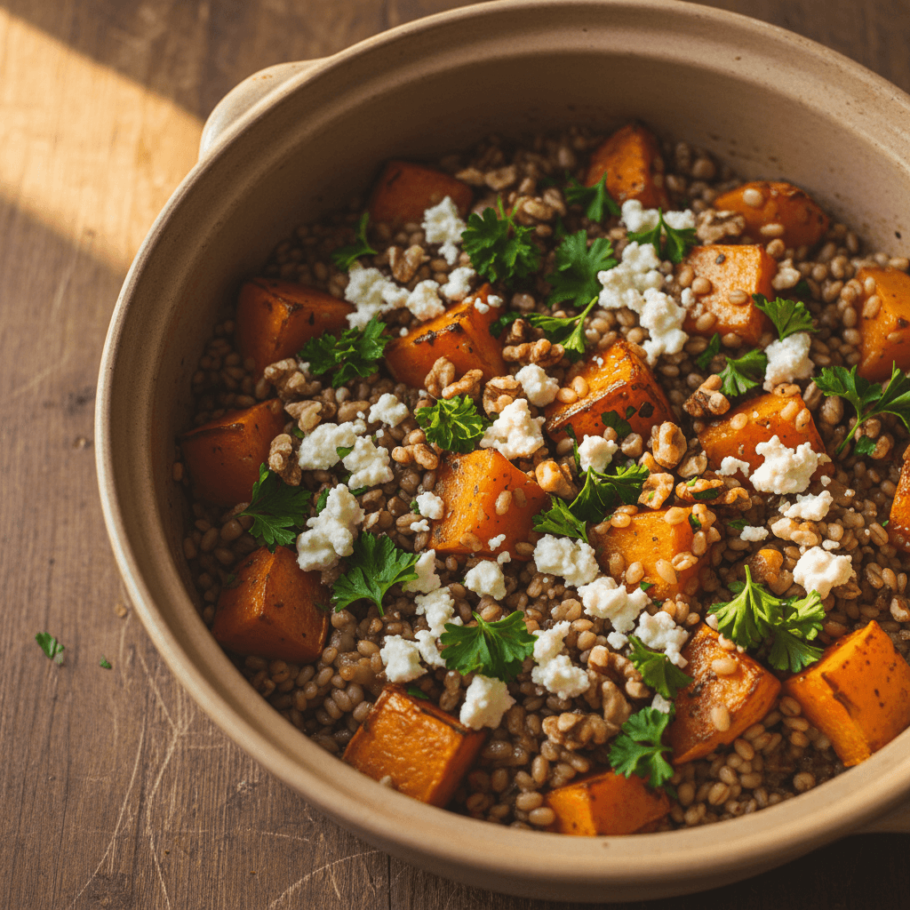One-pot orge & courge au chèvre noix persil