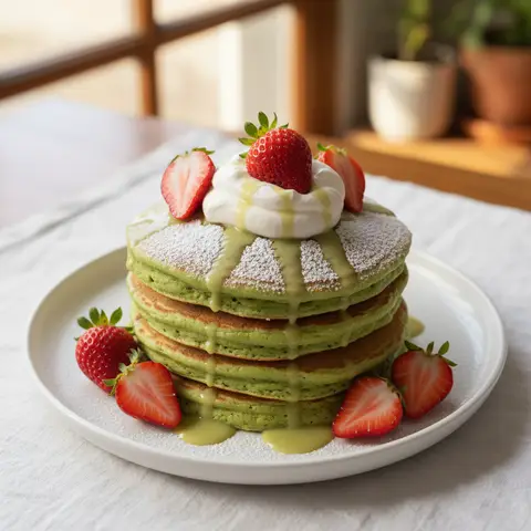 Pancakes matcha & fraises à la crème miel