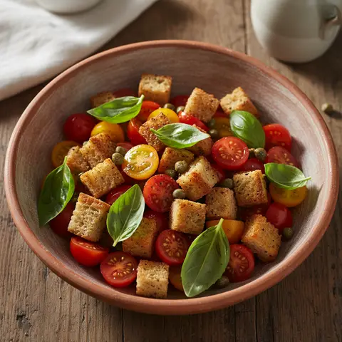 Panzanella tomates cerises & câpres au basilic