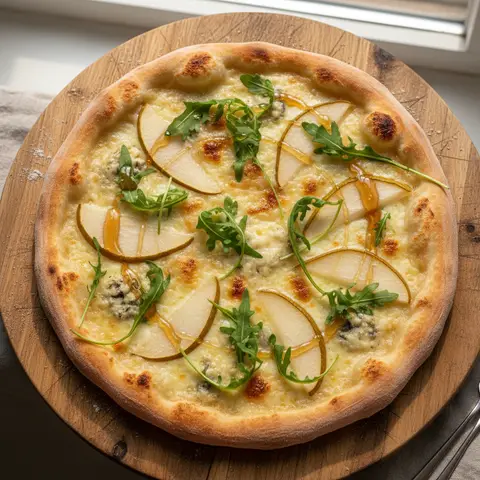 Pizza blanche gorgonzola & poire roquette miel