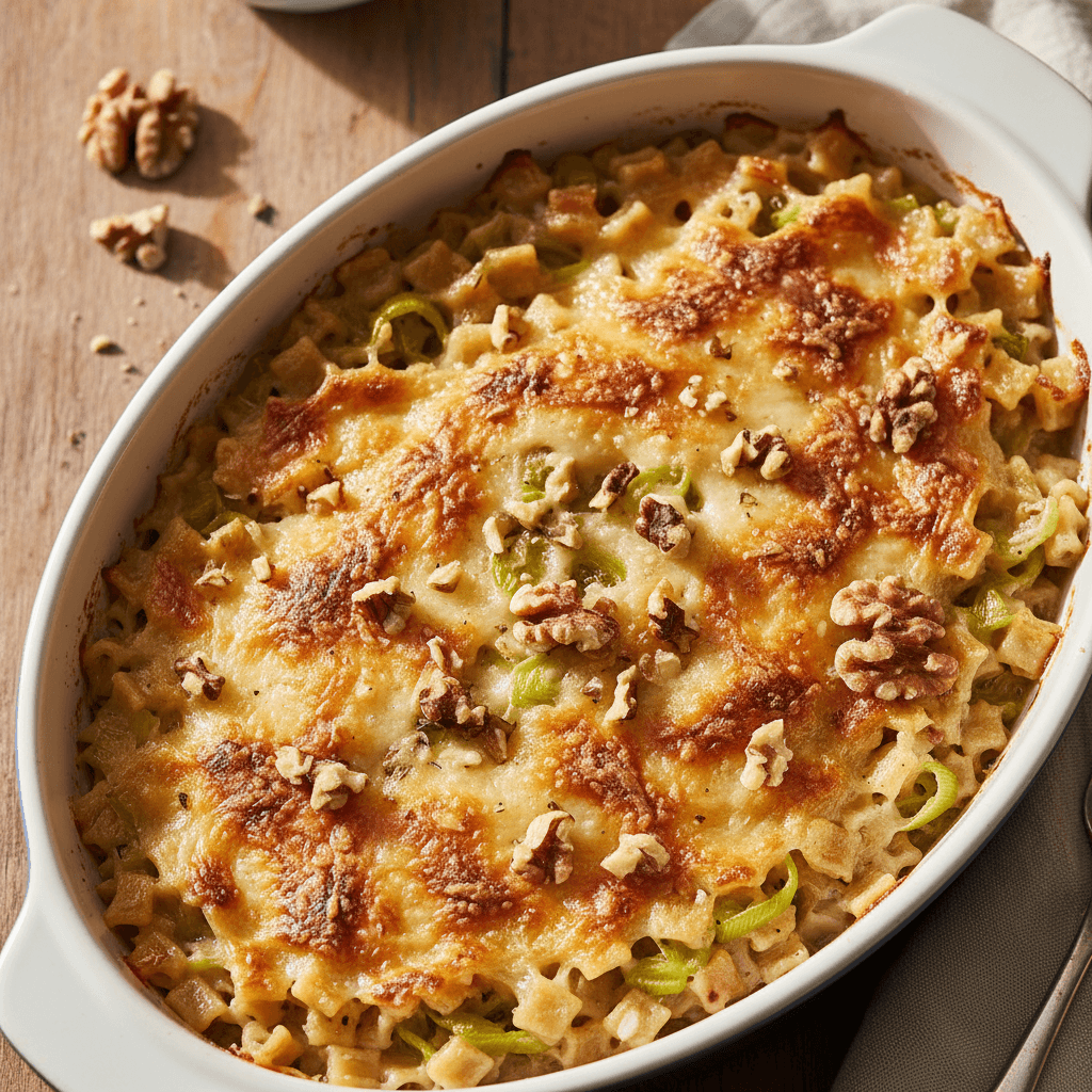 Crozets & reblochon fondu poireau noix