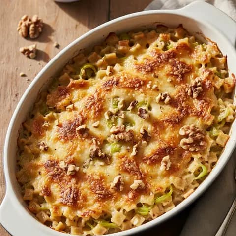 Crozets & reblochon fondu poireau noix