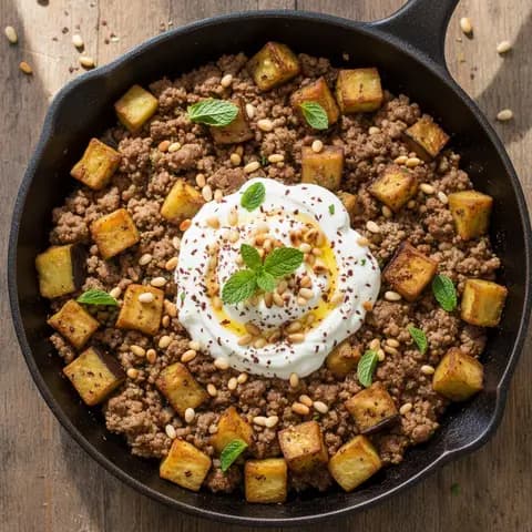 Poêlée agneau haché & aubergine sumac yaourt