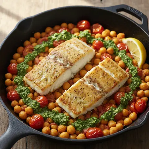 Cabillaud poêlé & chermoula pois chiches tomate