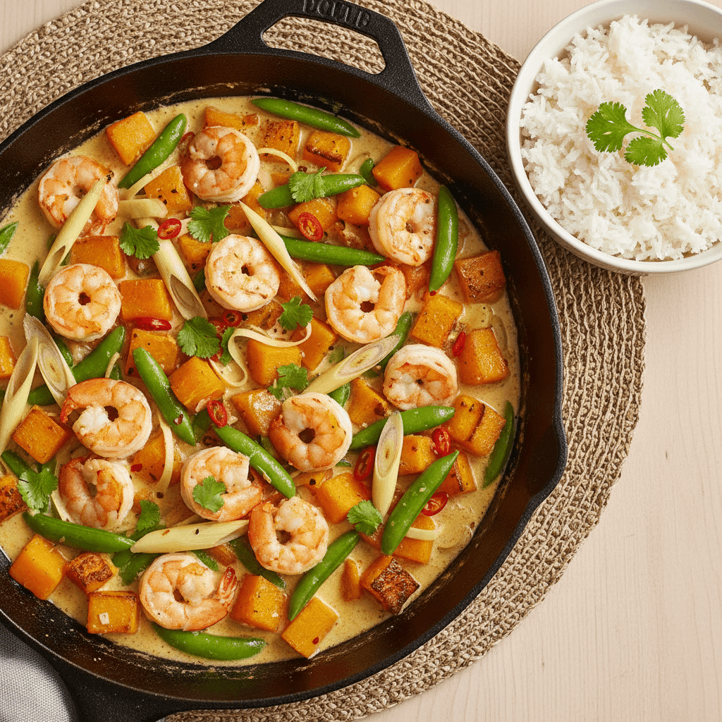 Poêlée crevettes & courge au lait de coco citronnelle