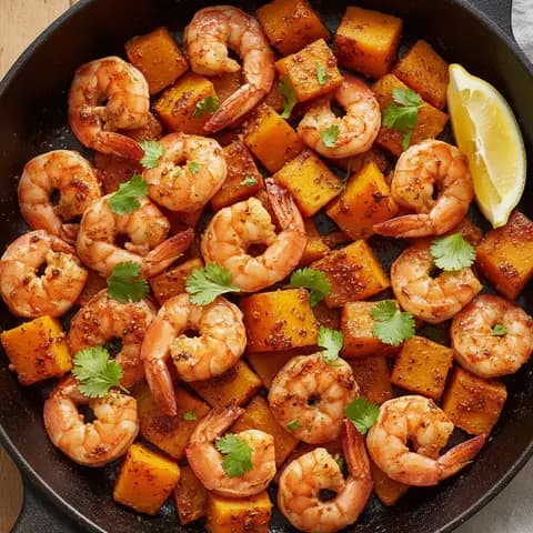 Poêlée crevettes & potimarron harissa miel citron