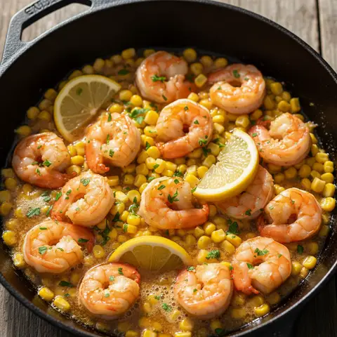 Poêlée crevettes & maïs au beurre citron persil