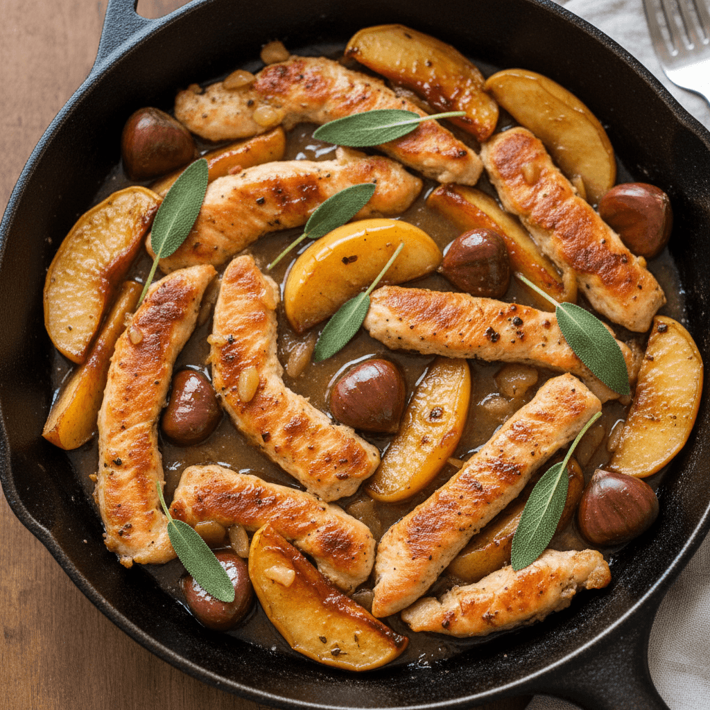 Poêlée dinde & châtaigne pomme sauge cidre