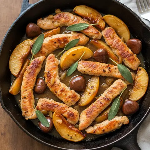 Poêlée dinde & châtaigne pomme sauge cidre