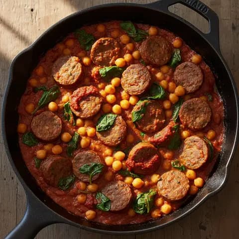 Poêlée merguez & pois chiches épinards harissa