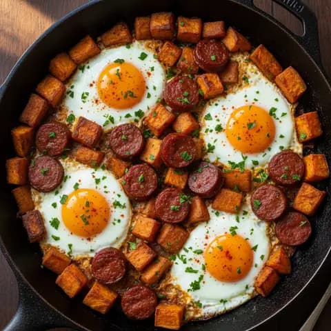 Poêlée patate douce & chorizo à l'œuf paprika