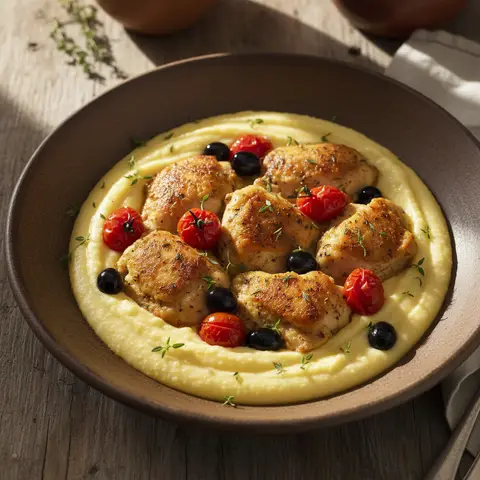 Poulet & tomates olives au thym sur polenta crémeuse