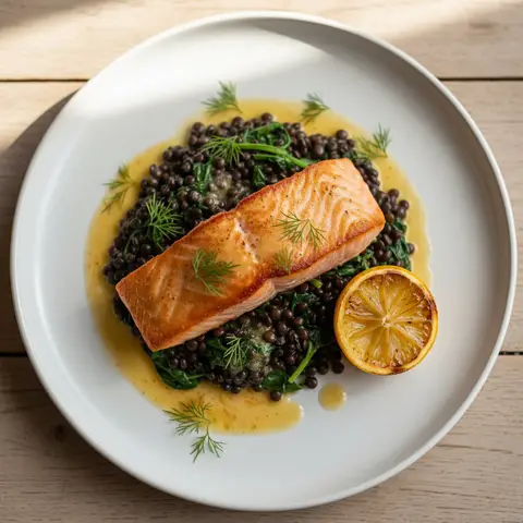 Saumon poêlé & lentilles beluga beurre noisette