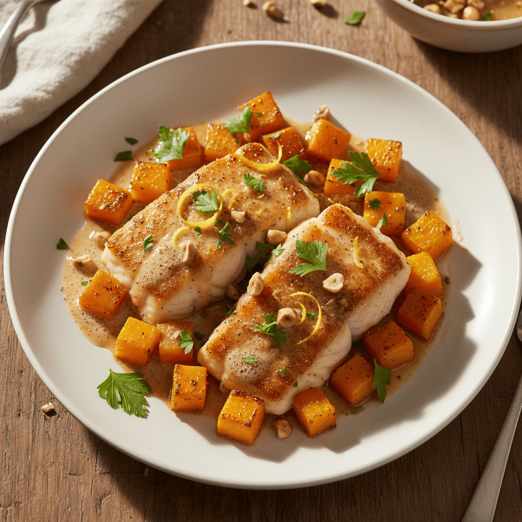 Poêlée cabillaud & courge au beurre noisette citron