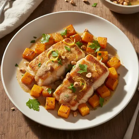 Poêlée cabillaud & courge au beurre noisette citron