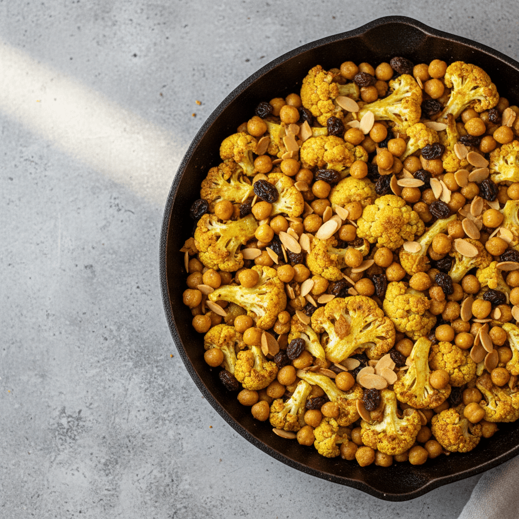 Poêlée chou-fleur & pois chiches curry raisins amandes