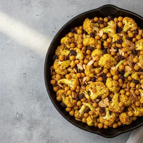 Poêlée chou-fleur & pois chiches curry raisins amandes
