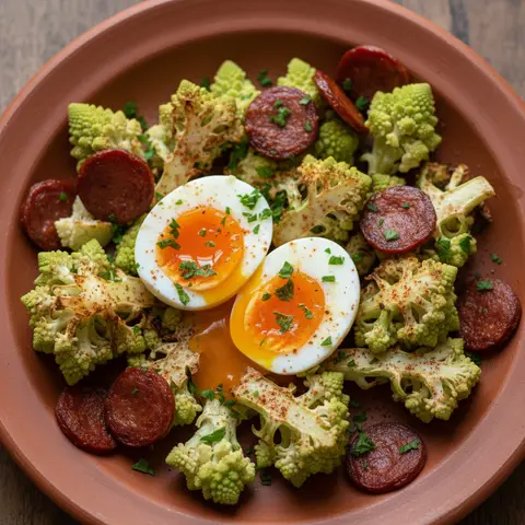 Poêlée chou romanesco & œuf mollet chorizo paprika