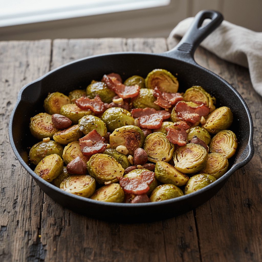 Poêlée choux de Bruxelles & lardons châtaigne moutarde