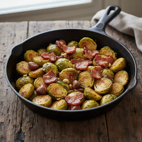 Poêlée choux de Bruxelles & lardons châtaigne moutarde