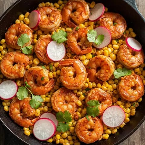 Poêlée crevettes chipotle & maïs radis coriandre