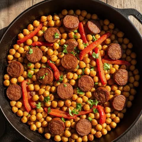 Poêlée pois chiches & chorizo poivron paprika fumé
