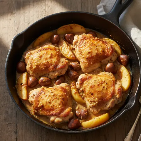 Poêlée poulet & châtaigne pomme au cidre moutarde