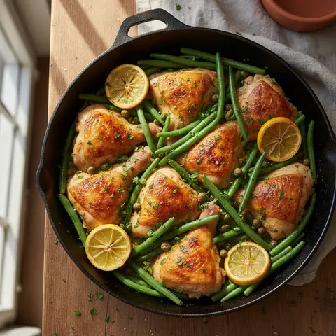 Poêlée poulet & citron câpres fèves