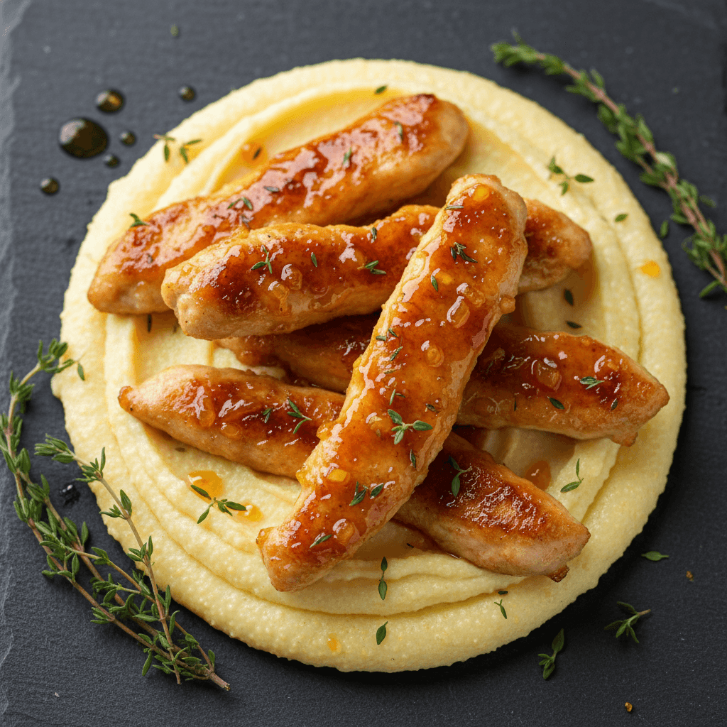 Poulet poêlé & orange miel thym sur polenta