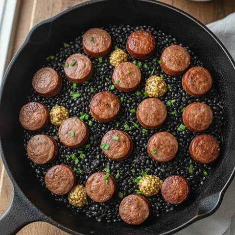 Poêlée saucisses & lentilles béluga moutarde ancienne